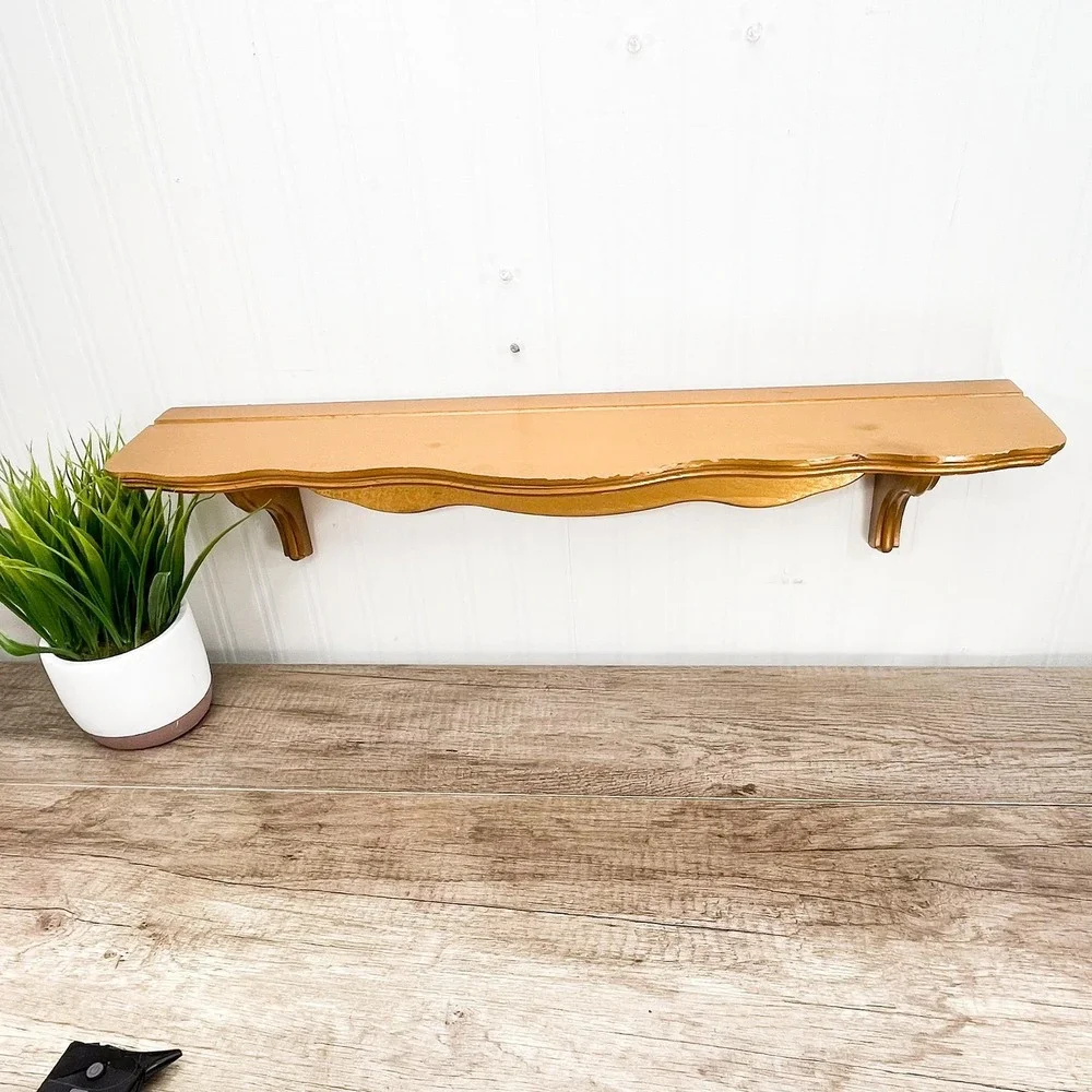 Vintage Gold Wooden Plate Shelf - Vintage Wood Curio
